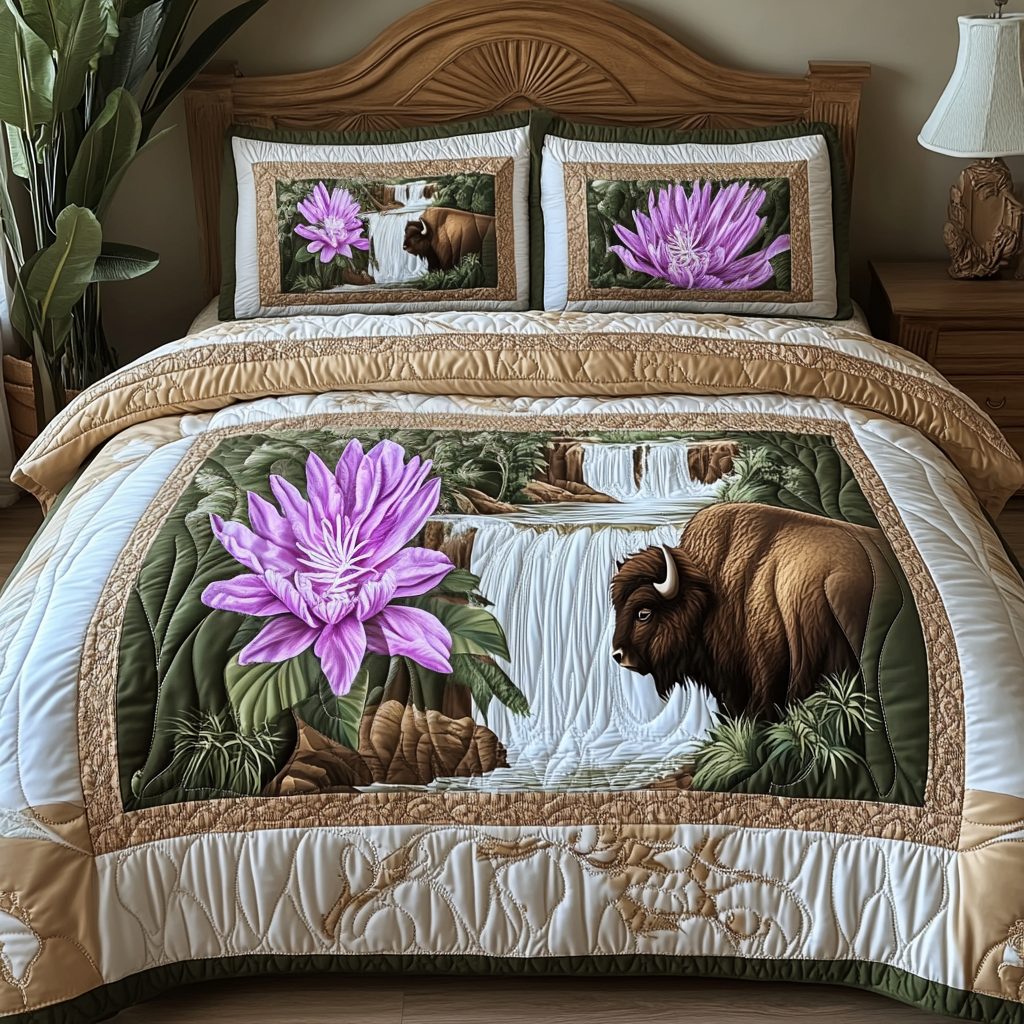 Yellowstone Bloom quilted 3-piece bedding set on a made bed with two matching pillow shams