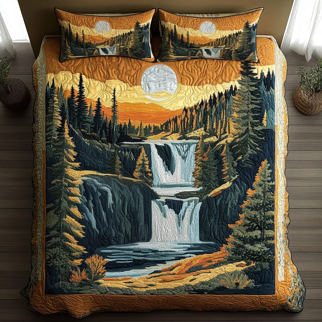 Yellowstone Charm quilted 3-piece bedding set on a made bed with two matching pillow shams