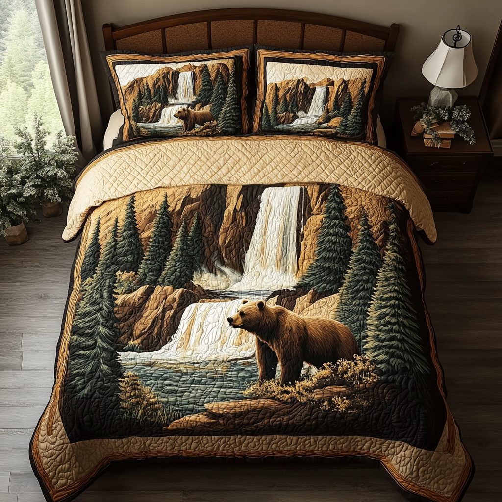 Yellowstone Waterfall Escape quilted 3-piece bedding set on a made bed with two matching pillow shams