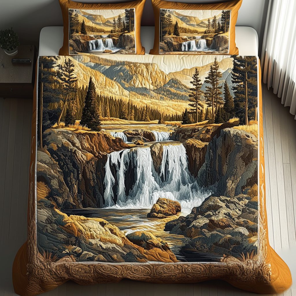 Yellowstone Waterfall quilted 3-piece bedding set on a made bed with two matching pillow shams