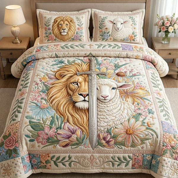 Yeshua Lion of Judah quilted 3-piece bedding set on a made bed with two matching pillow shams