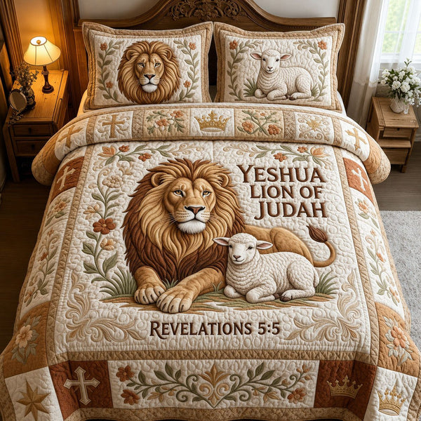 Yeshua Lion of Judah quilted 3-piece bedding set on a made bed with two matching pillow shams