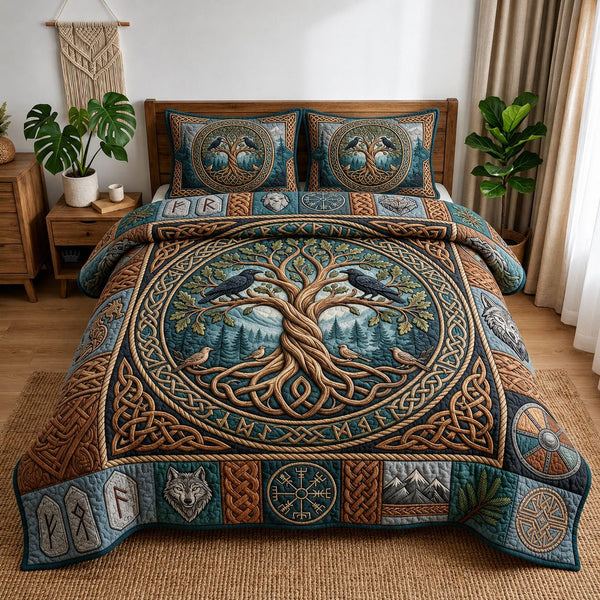 Yggdrasil quilted 3-piece bedding set on a made bed with two matching pillow shams
