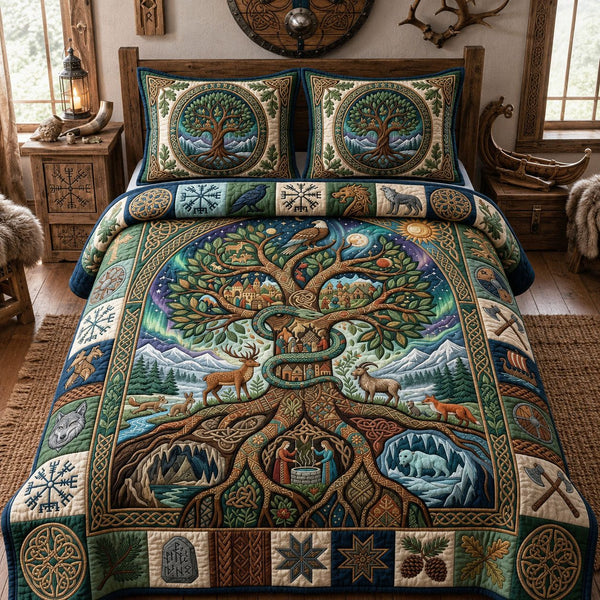 Yggdrasil World Tree quilted 3-piece bedding set on a made bed with two matching pillow shams