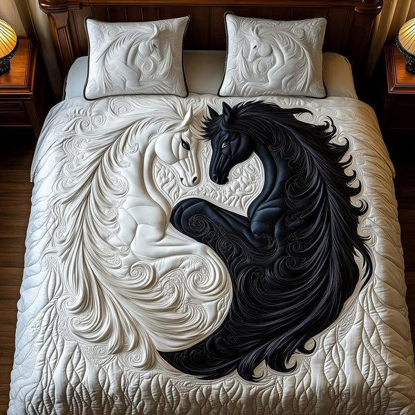 Yin-yang Horse Couple quilted 3-piece bedding set on a made bed in a rustic timber bedroom
