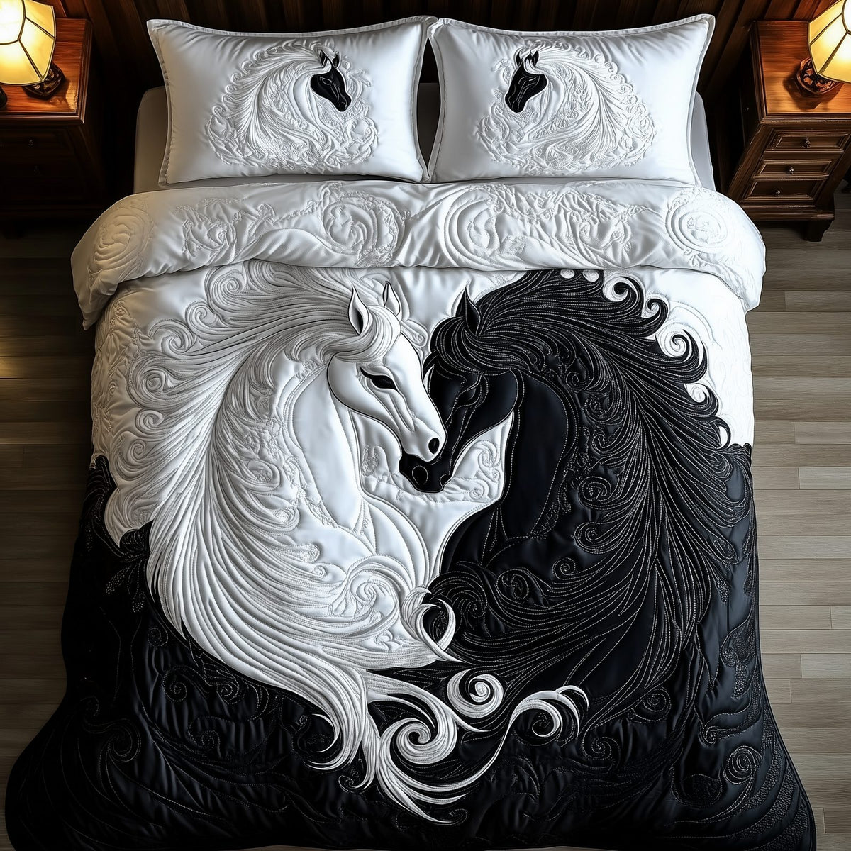 Yin-yang Horse Couple quilted 3-piece bedding set on a made bed in a rustic timber bedroom