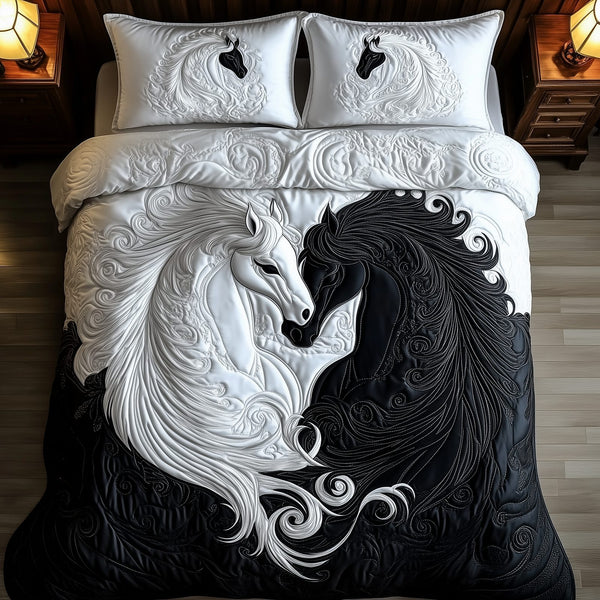 Yin-yang Horse Couple quilted 3-piece bedding set on a made bed in a rustic timber bedroom