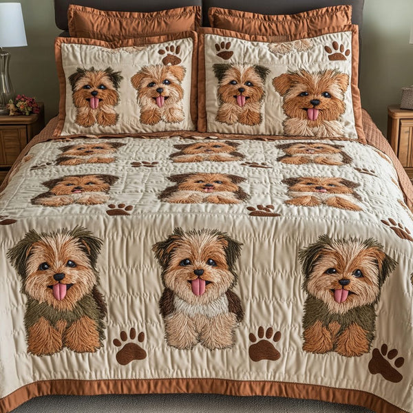 Yorkie Haven quilted 3-piece bedding set on a made bed with two matching pillow shams