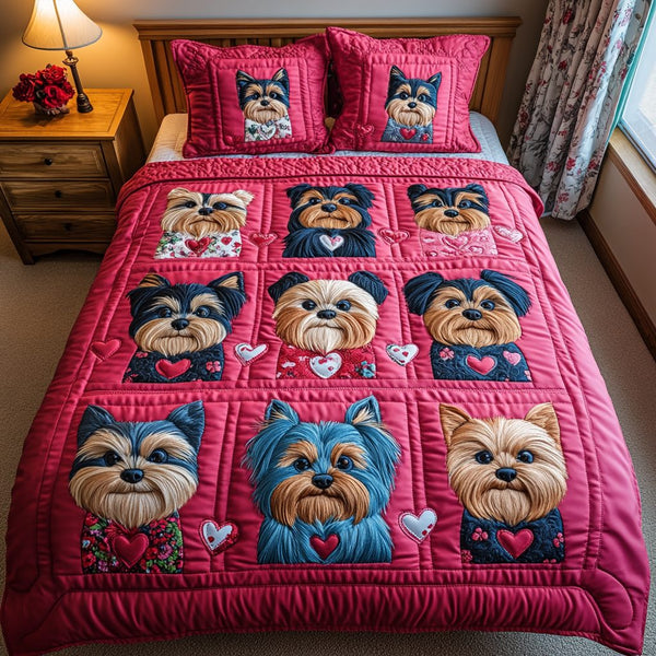 Yorkie Love quilted 3-piece bedding set on a made bed with two matching pillow shams
