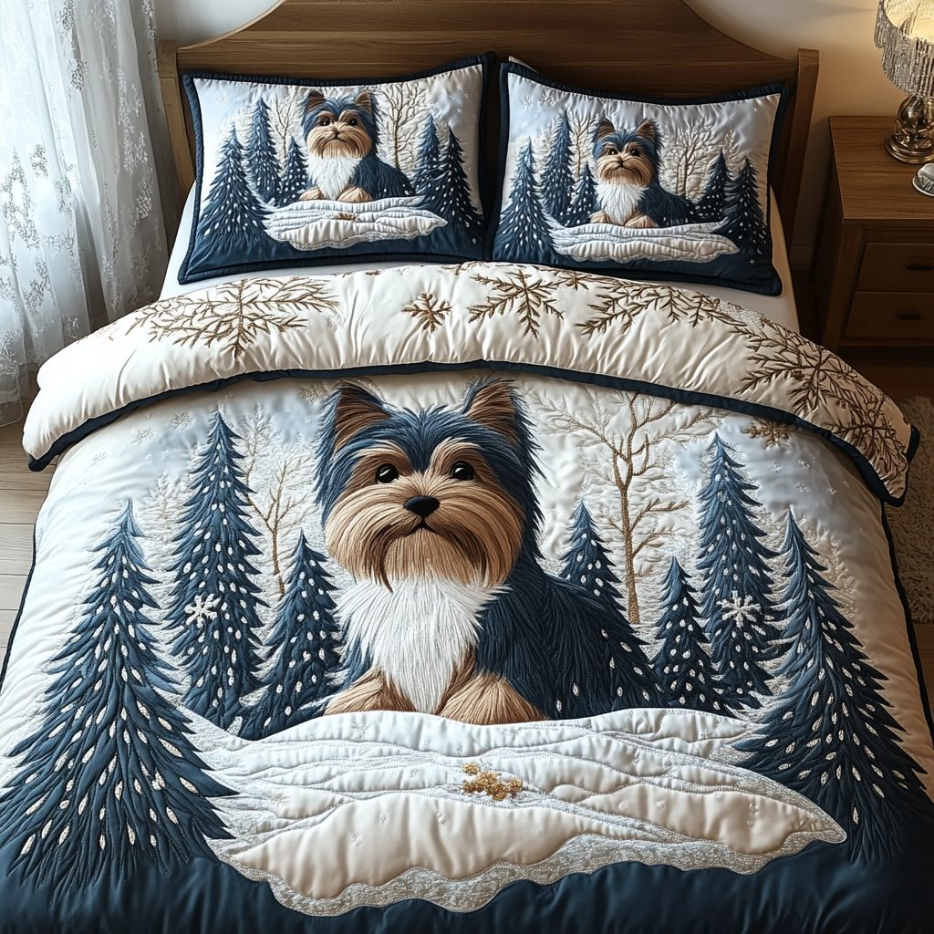 Yorkie Love quilted 3-piece bedding set on a made bed with two matching pillow shams