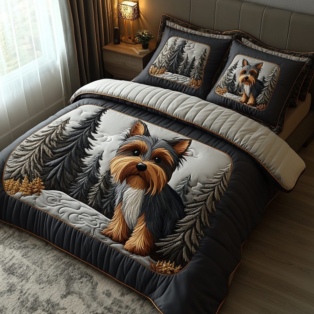 Yorkie Magic quilted 3-piece bedding set on a made bed with two matching pillow shams