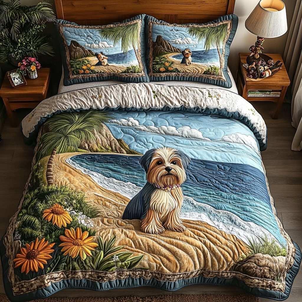 Yorkie Pride quilted 3-piece bedding set on a made bed with two matching pillow shams