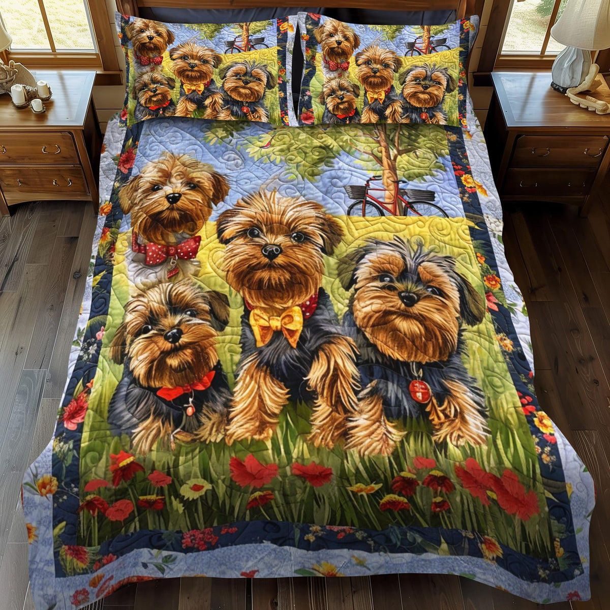 Yorkie Quartet quilted 3-piece bedding set on a made bed with two matching pillow shams