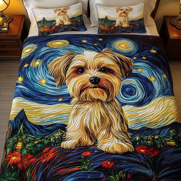 Yorkie Starry Night quilted 3-piece bedding set on a made bed with two matching pillow shams