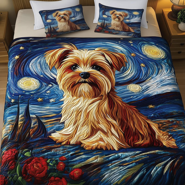 Yorkie Starry Night quilted 3-piece bedding set on a made bed with two matching pillow shams