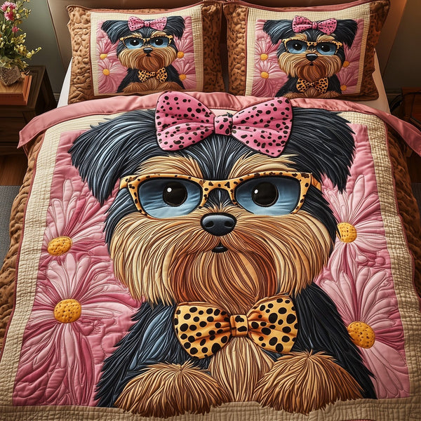 Yorkshire Terrier quilted 3-piece bedding set on a made bed with two matching pillow shams