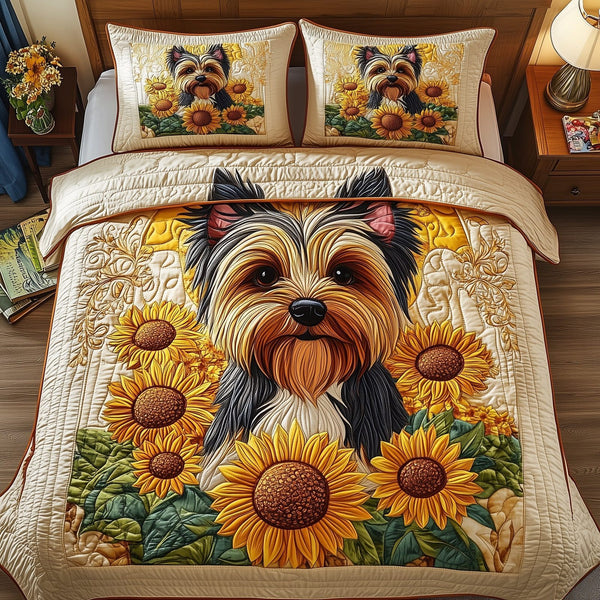 Yorkshire Terrier quilted 3-piece bedding set on a made bed with two matching pillow shams