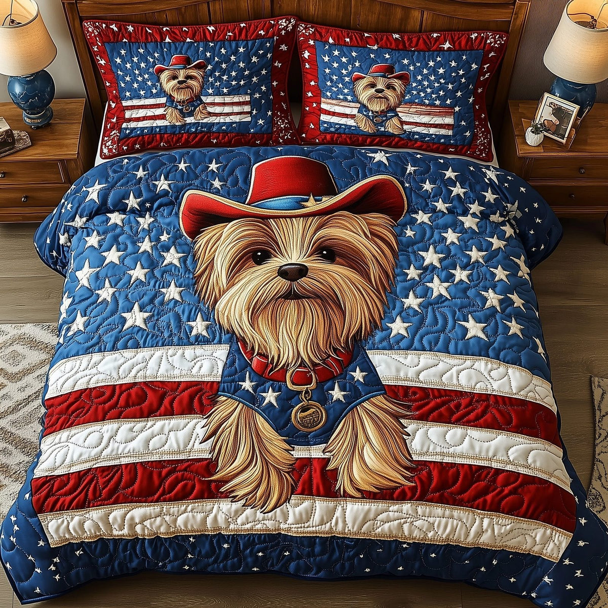 Yorkshire Terrier quilted 3-piece bedding set on a made bed with two matching pillow shams