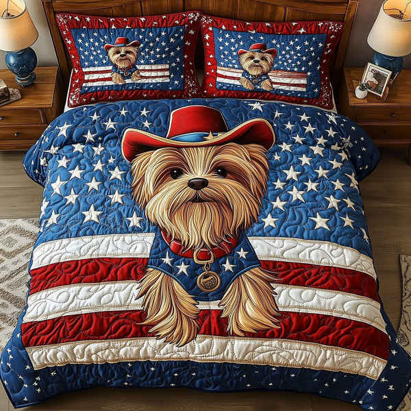 Yorkshire Terrier quilted 3-piece bedding set on a made bed with two matching pillow shams