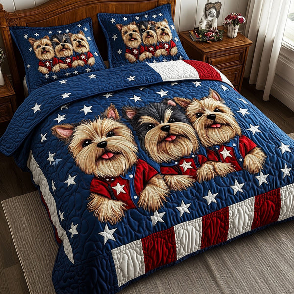 Yorkshire Terrier quilted 3-piece bedding set on a made bed with two matching pillow shams