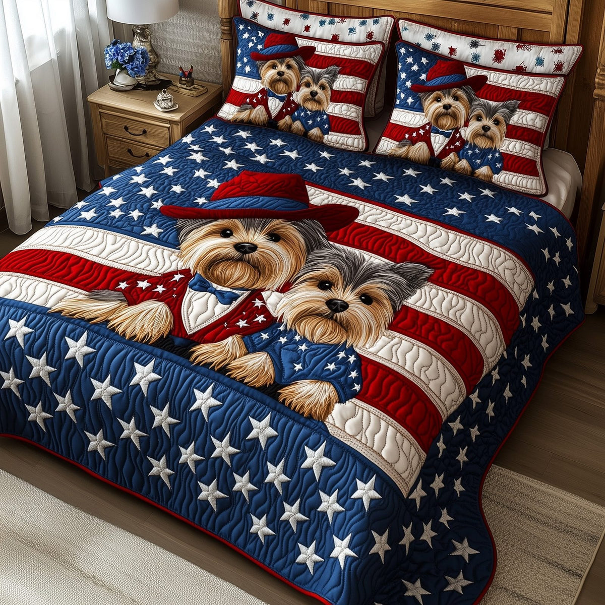 Yorkshire Terrier quilted 3-piece bedding set on a made bed with two matching pillow shams
