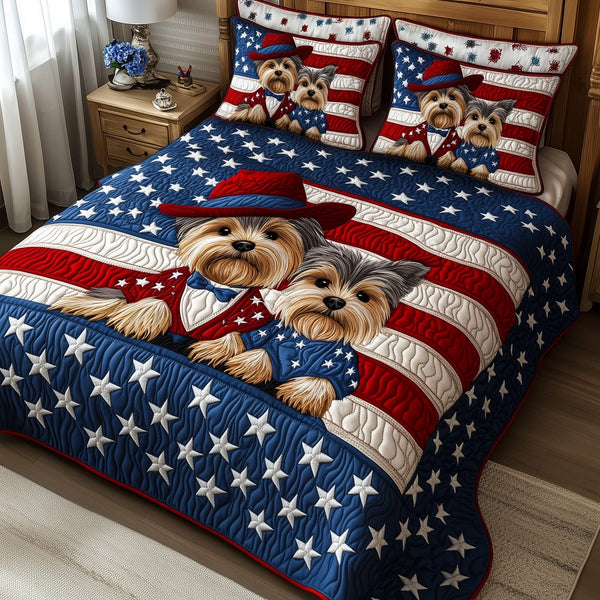 Yorkshire Terrier quilted 3-piece bedding set on a made bed with two matching pillow shams