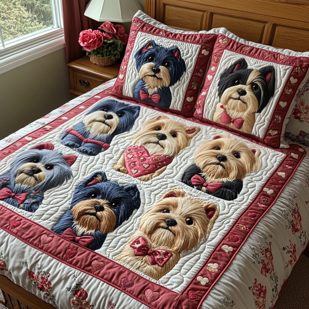 Yorkshire Terrier Wonderland quilted 3-piece bedding set on a made bed with two matching pillow shams
