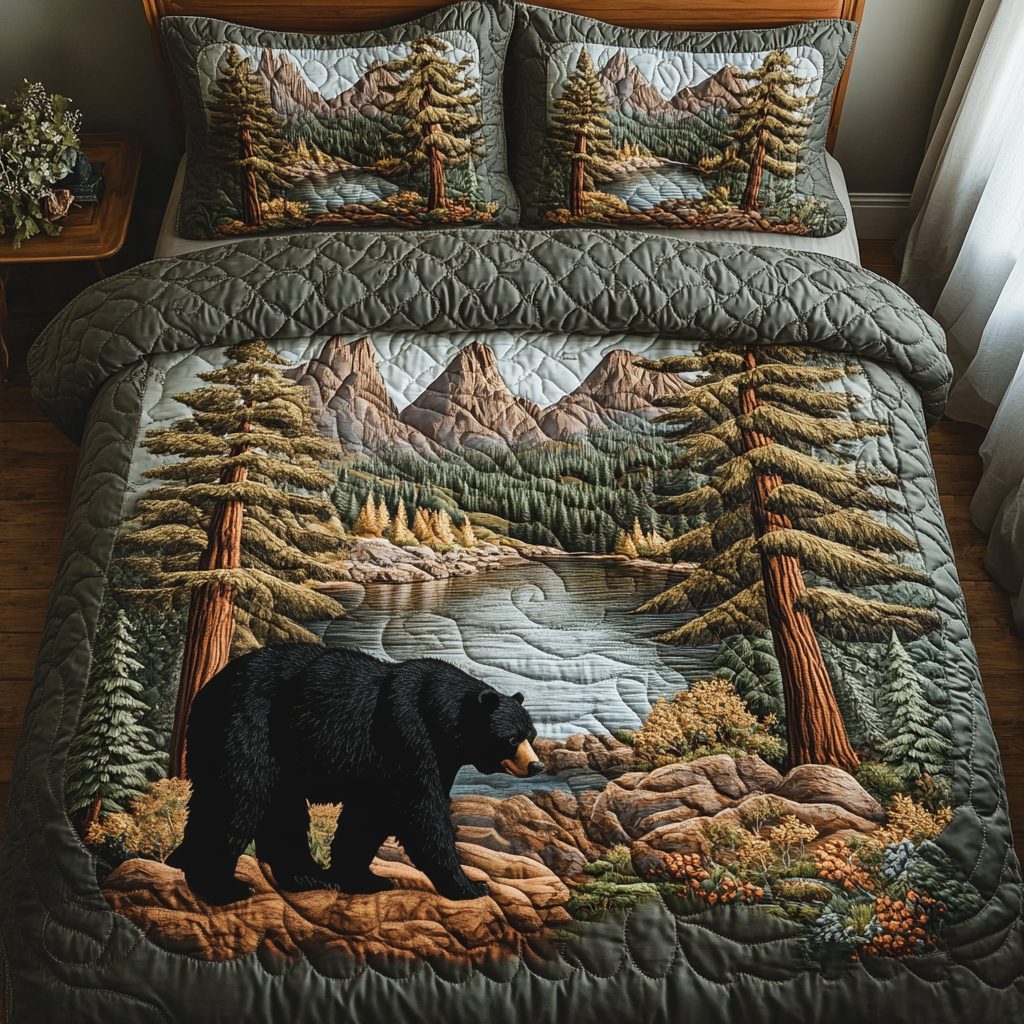 Yosemite Black Bear quilted 3-piece bedding set on a made bed with two matching pillow shams