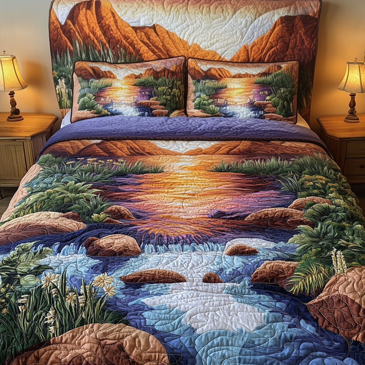 Yosemite Dreams quilted 3-piece bedding set on a made bed with two matching pillow shams