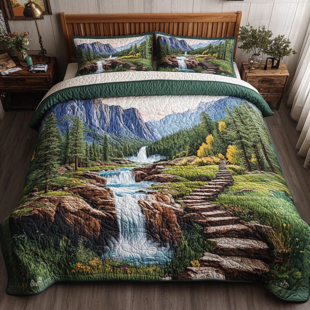 Yosemite Falls quilted 3-piece bedding set on a made bed with two matching pillow shams