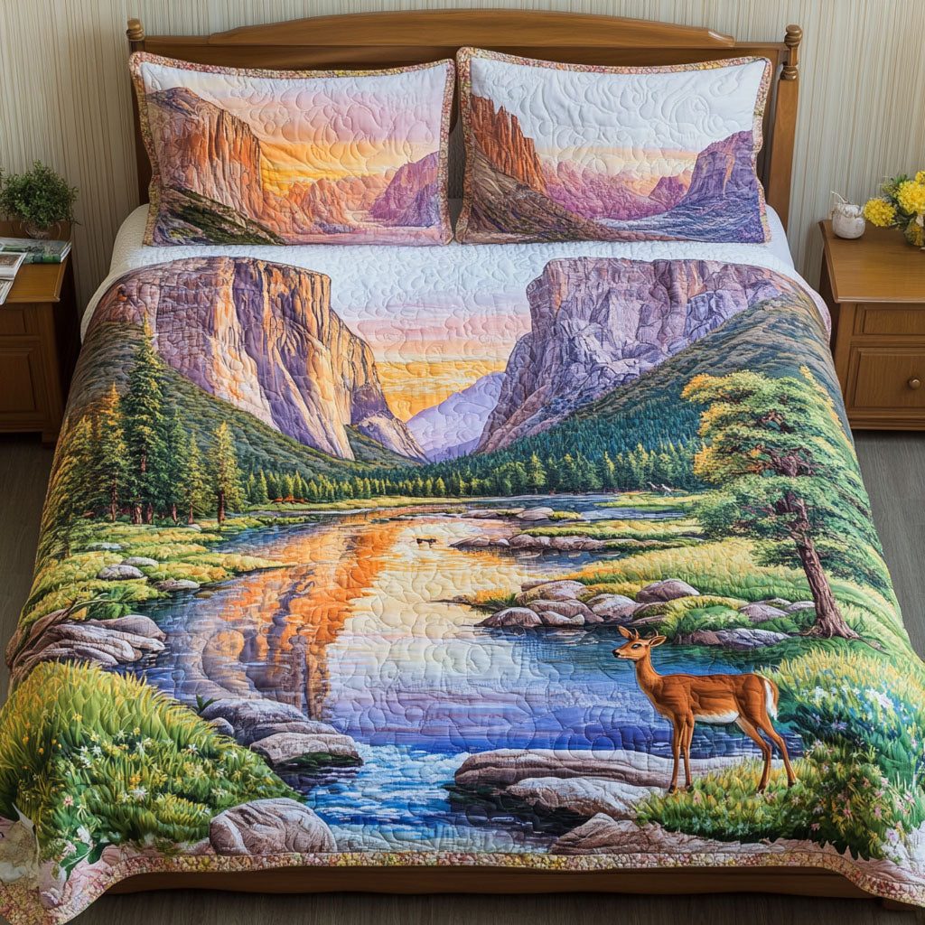 Yosemite Horizons quilted 3-piece bedding set on a made bed with two matching pillow shams