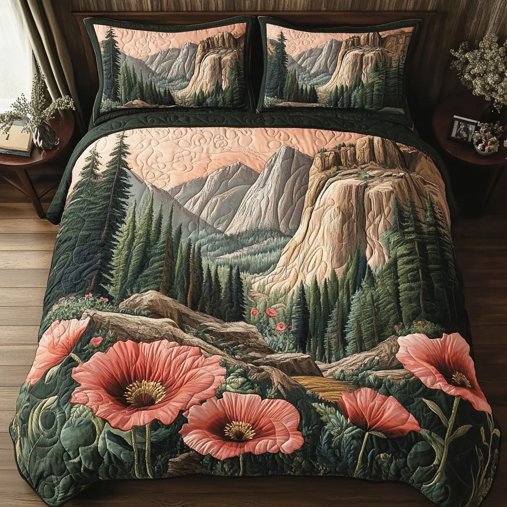 Yosemite Pink Bloom quilted 3-piece bedding set on a made bed with two matching pillow shams