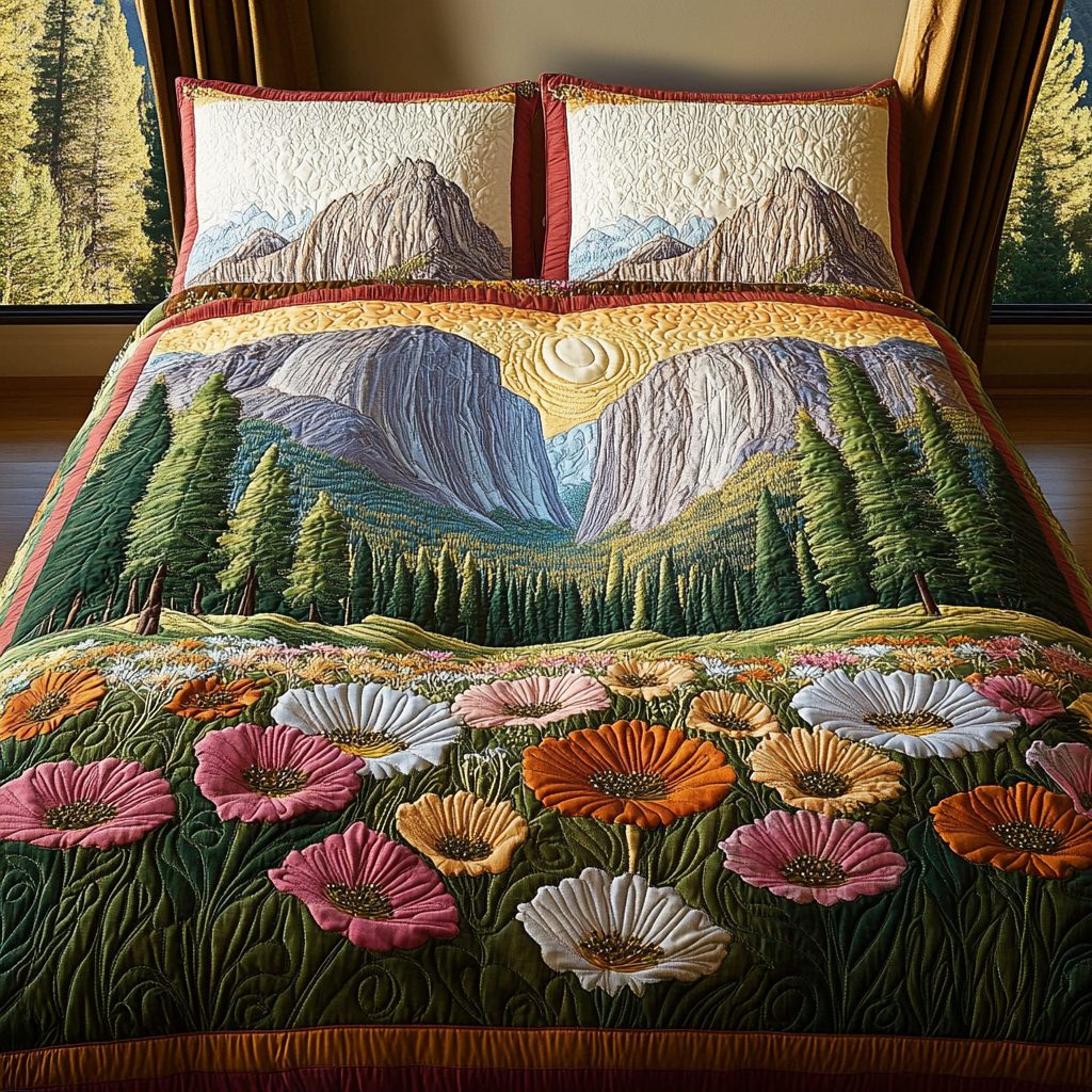 Yosemite Poppy Charm quilted 3-piece bedding set on a made bed with two matching pillow shams