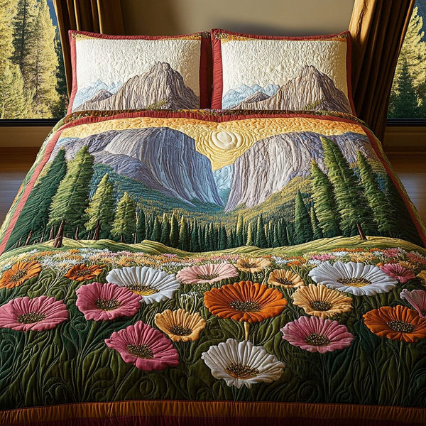 Yosemite Poppy Charm quilted 3-piece bedding set on a made bed with two matching pillow shams