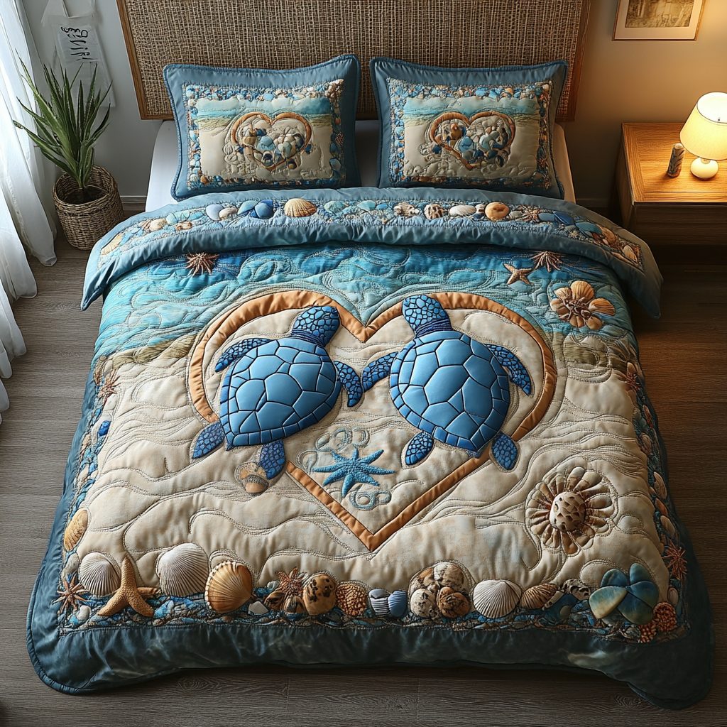 You And Me Turtle quilted 3-piece bedding set on a made bed in a light coastal bedroom
