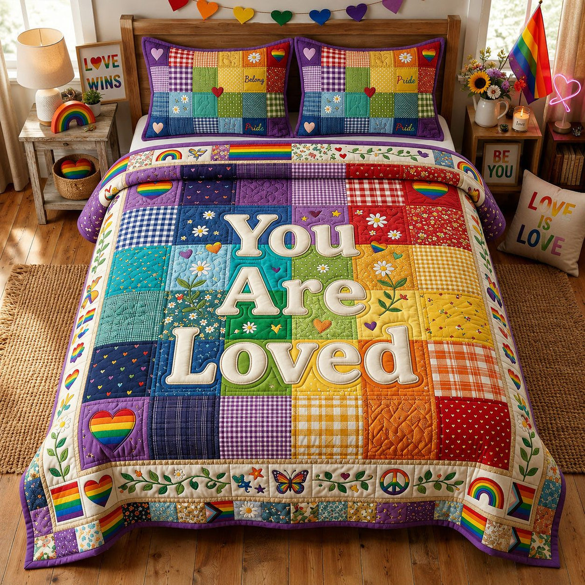 You Are Loved quilted 3-piece bedding set on a made bed with two matching pillow shams