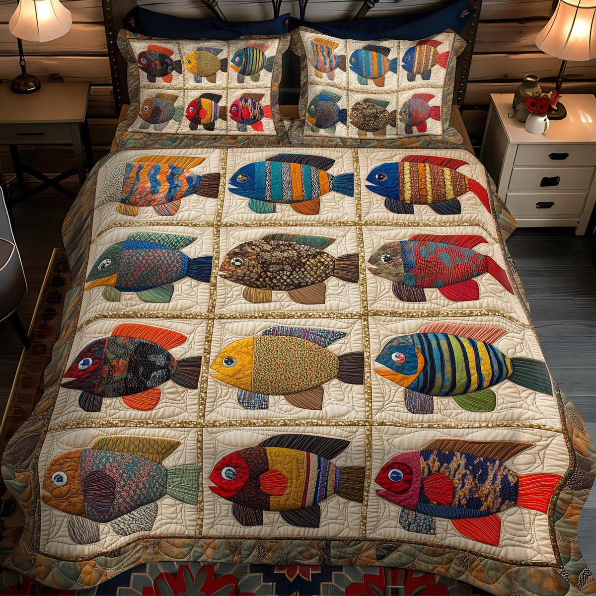 Young Anglers quilted 3-piece bedding set on a made bed with two matching pillow shams