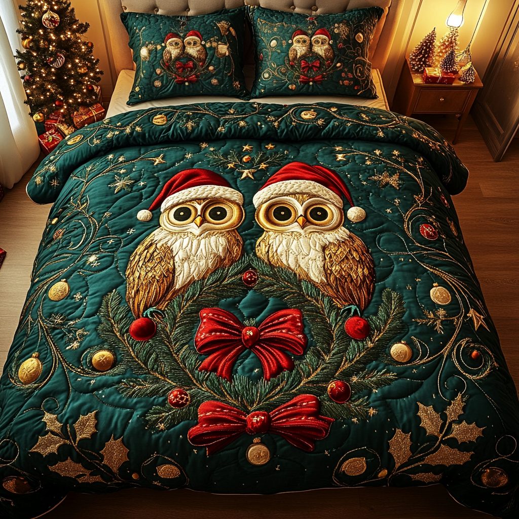 Yule Owl Magic quilted 3-piece bedding set on a made bed in a winter-styled bedroom