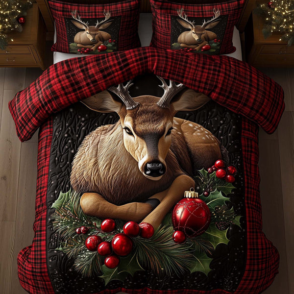 Yuletide Antler quilted 3-piece bedding set on a made bed with two matching pillow shams