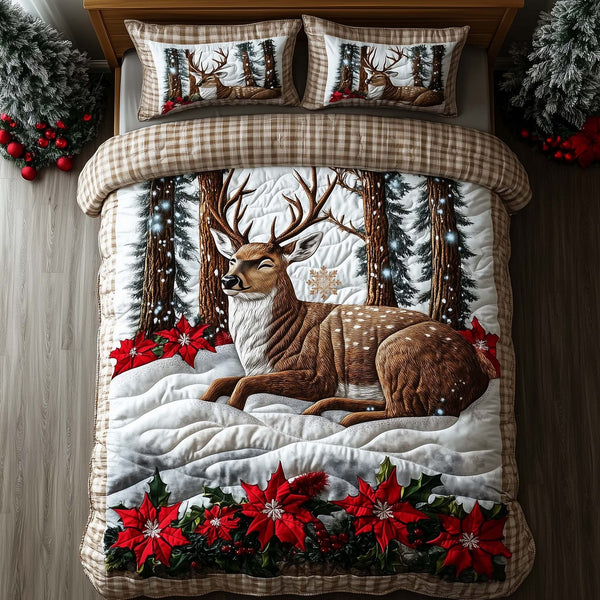 Yuletide Antler quilted 3-piece bedding set on a made bed with two matching pillow shams