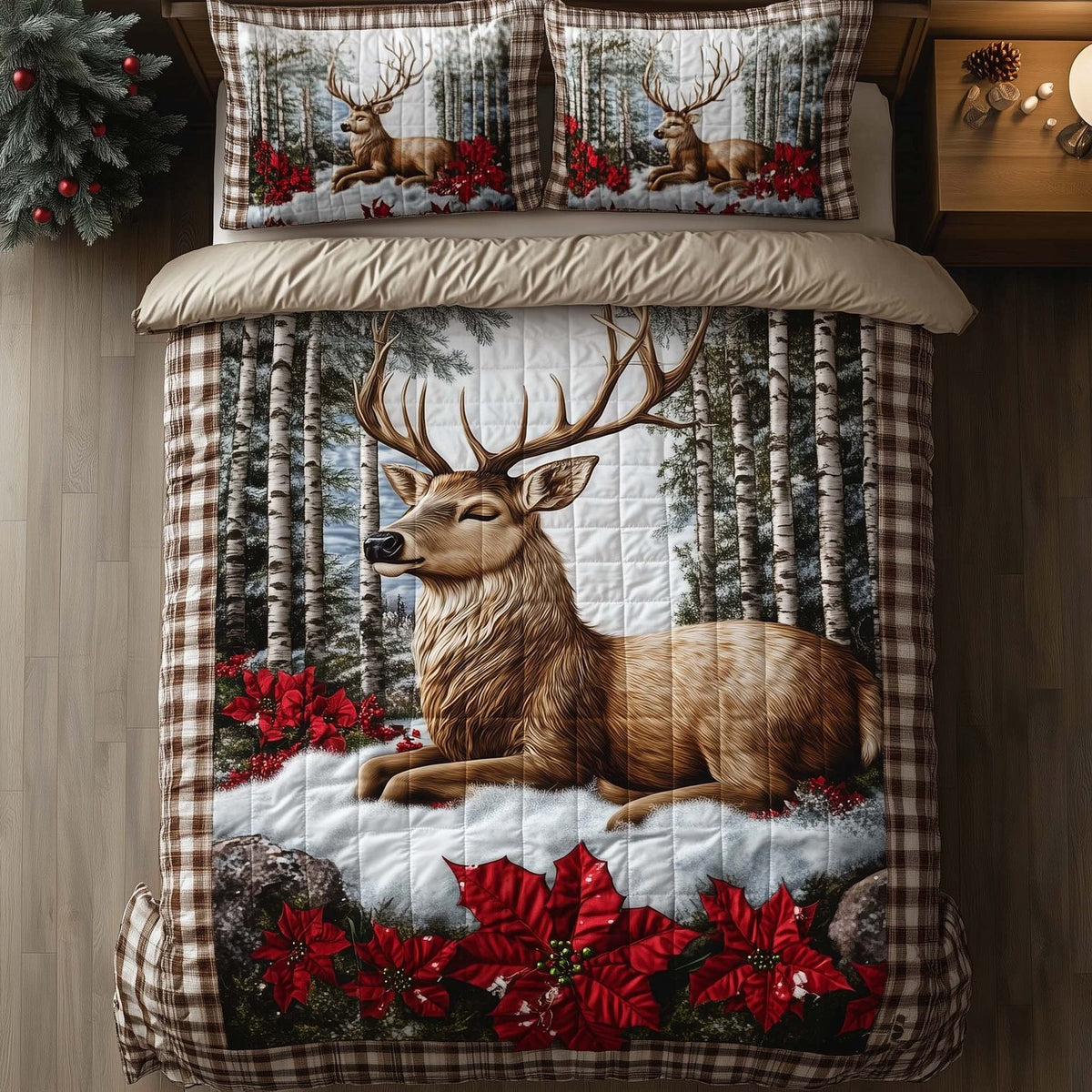 Yuletide Antler quilted 3-piece bedding set on a made bed with two matching pillow shams