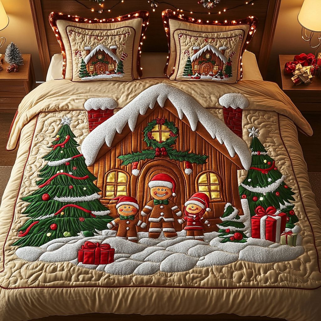 Yuletide Bakery quilted 3-piece bedding set on a made bed with two matching pillow shams