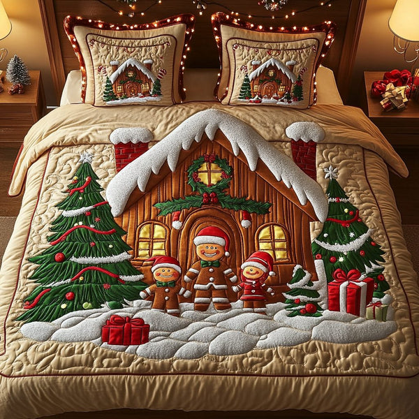 Yuletide Bakery quilted 3-piece bedding set on a made bed with two matching pillow shams