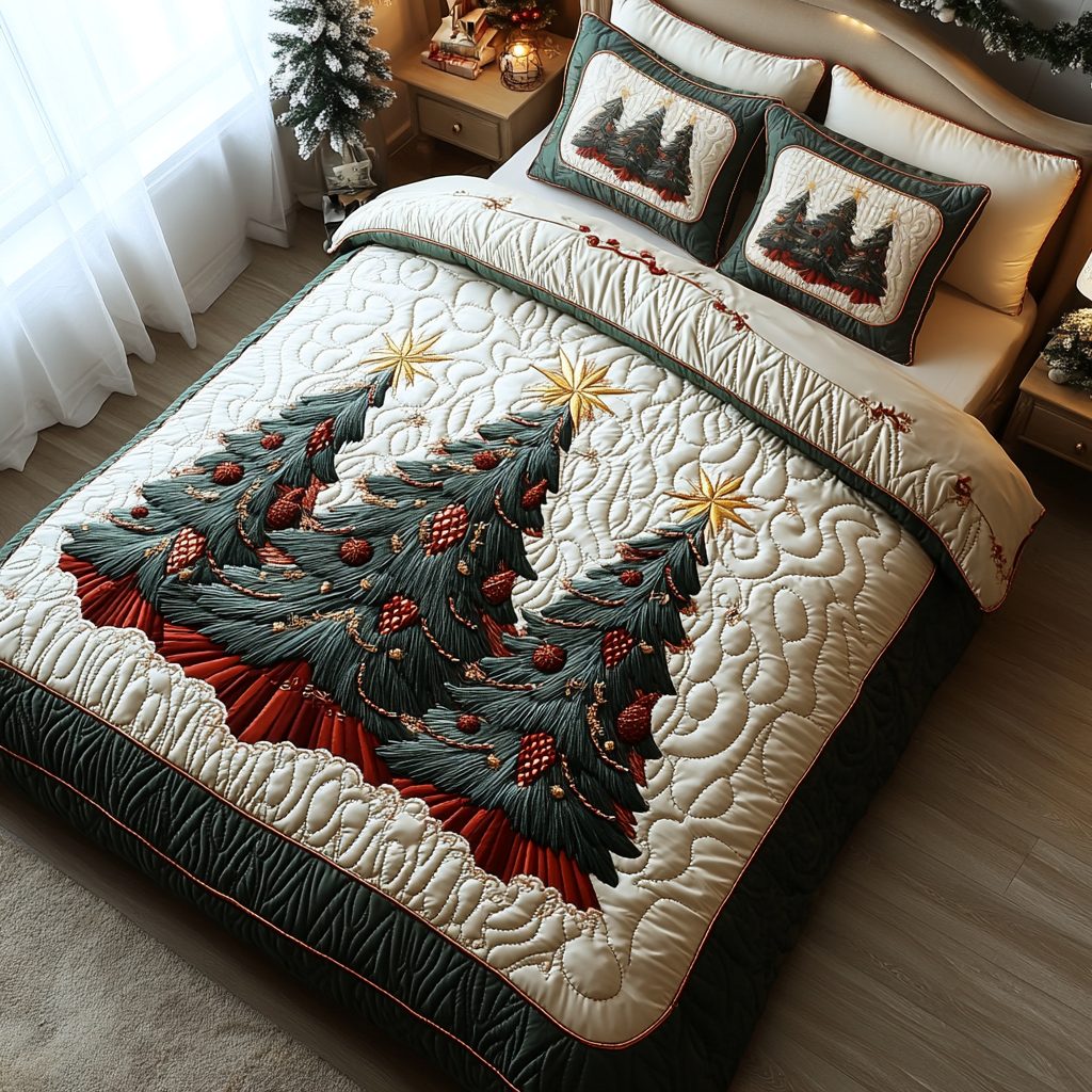 Yuletide Bliss quilted 3-piece bedding set on a made bed with two matching pillow shams