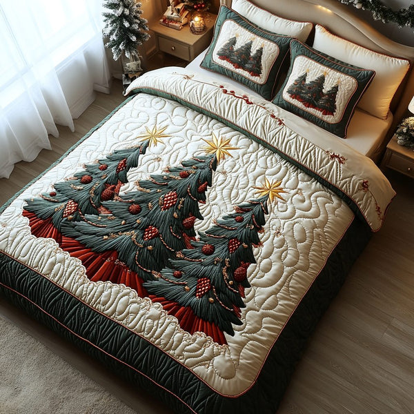 Yuletide Bliss quilted 3-piece bedding set on a made bed with two matching pillow shams