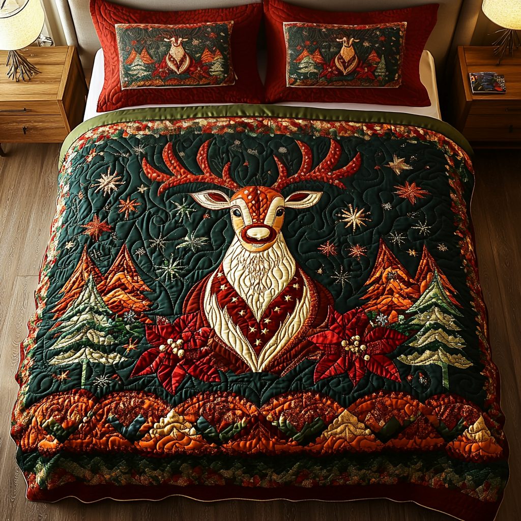 Yuletide Bliss quilted 3-piece bedding set on a made bed with two matching pillow shams