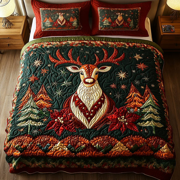 Yuletide Bliss quilted 3-piece bedding set on a made bed with two matching pillow shams