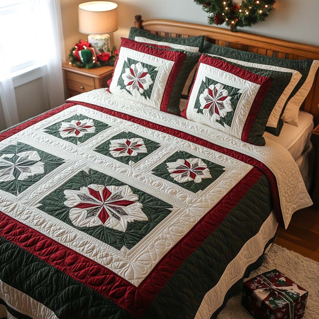 Yuletide Blossoms quilted 3-piece bedding set on a made bed with two matching pillow shams