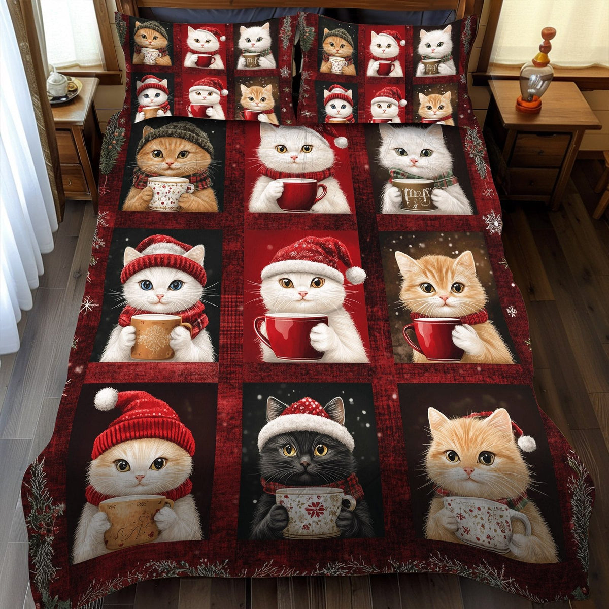 Yuletide Cats quilted 3-piece bedding set on a made bed with two matching pillow shams