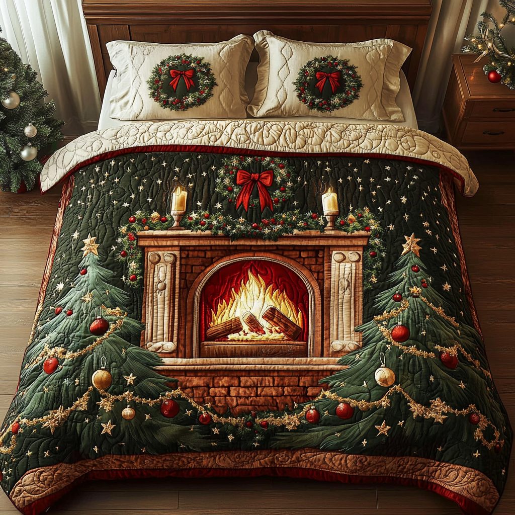 Yuletide Charm quilted 3-piece bedding set on a made bed with two matching pillow shams